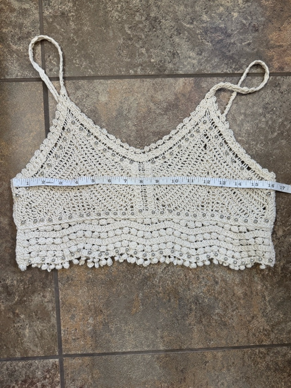 Rebellion Again Cream Crochet Beaded Crop Top Boho Cottagecore Medium - Picture 7 of 8
